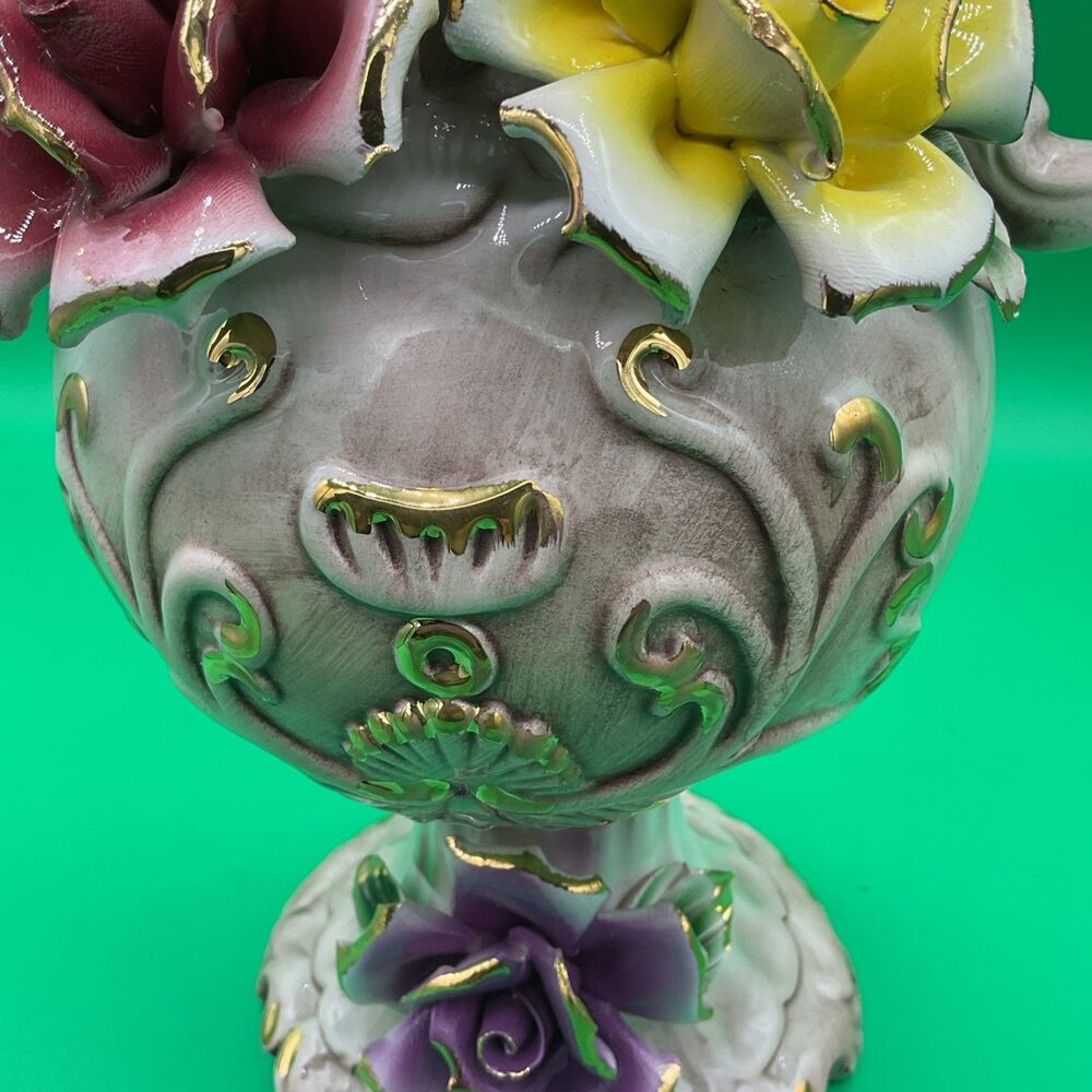 Vintage Porcelain Capodimonie Italian Floral Vase With Three Roses Two Handle - Picture 9 of 17